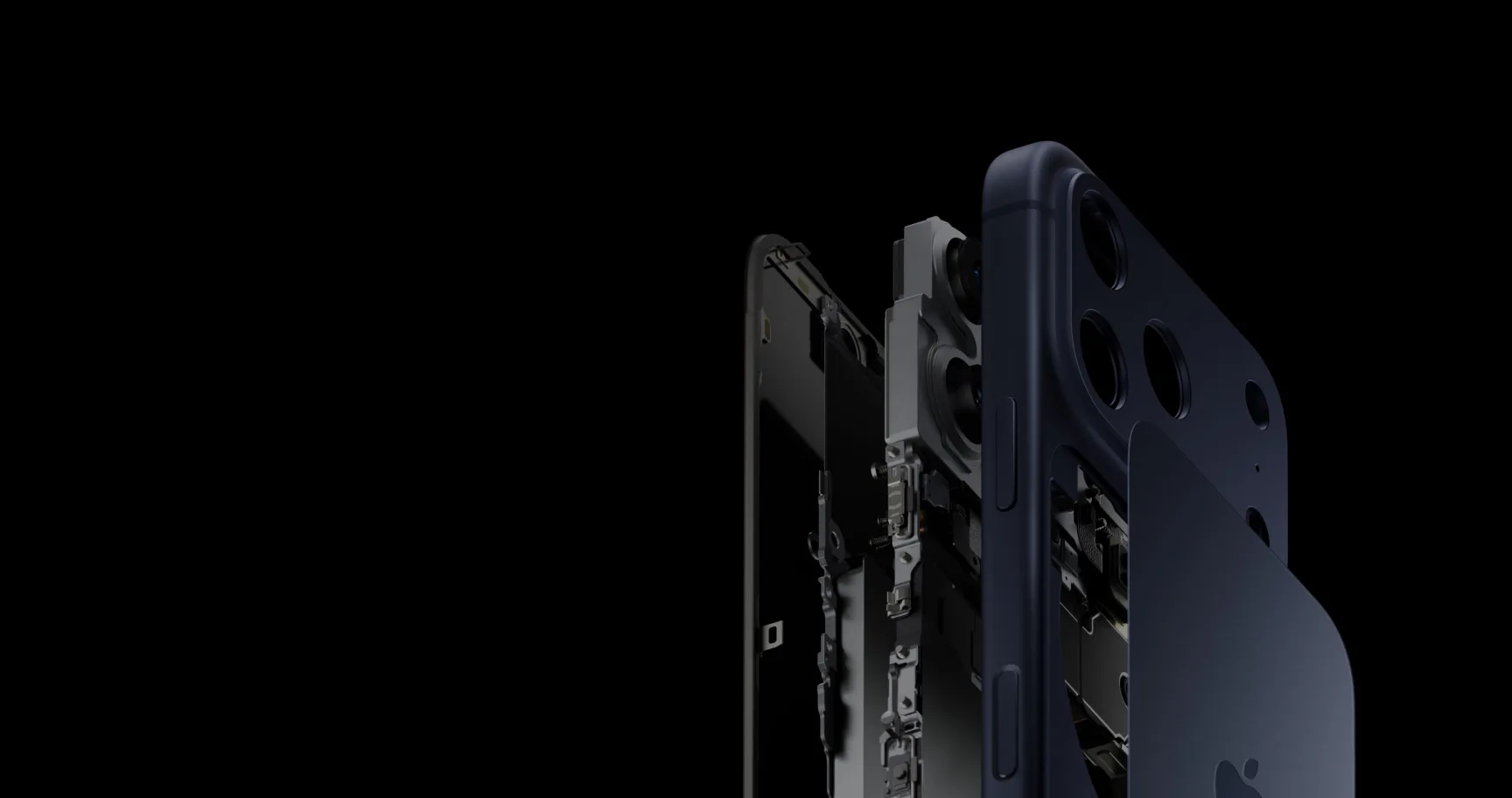Vue interne iPhone 17 Pro — châssis aluminium et composants